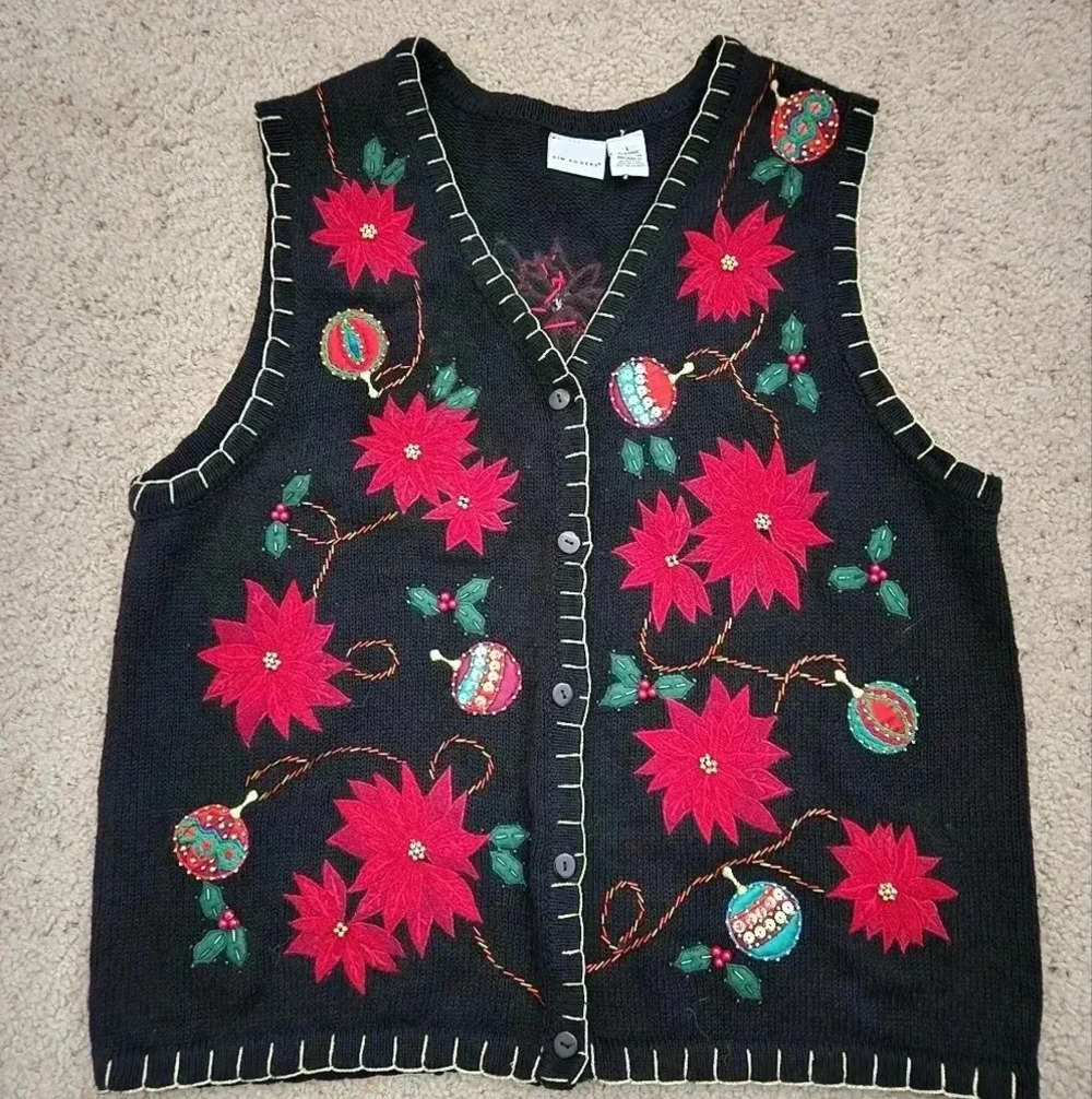 Kim‎ Rogers Poinsetta Holiday Cardigan Knit Vest Size Large